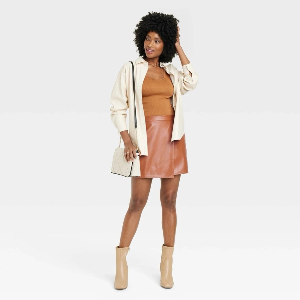 A New Day Women's Mini A-Line Faux Wrap Skirt Brown